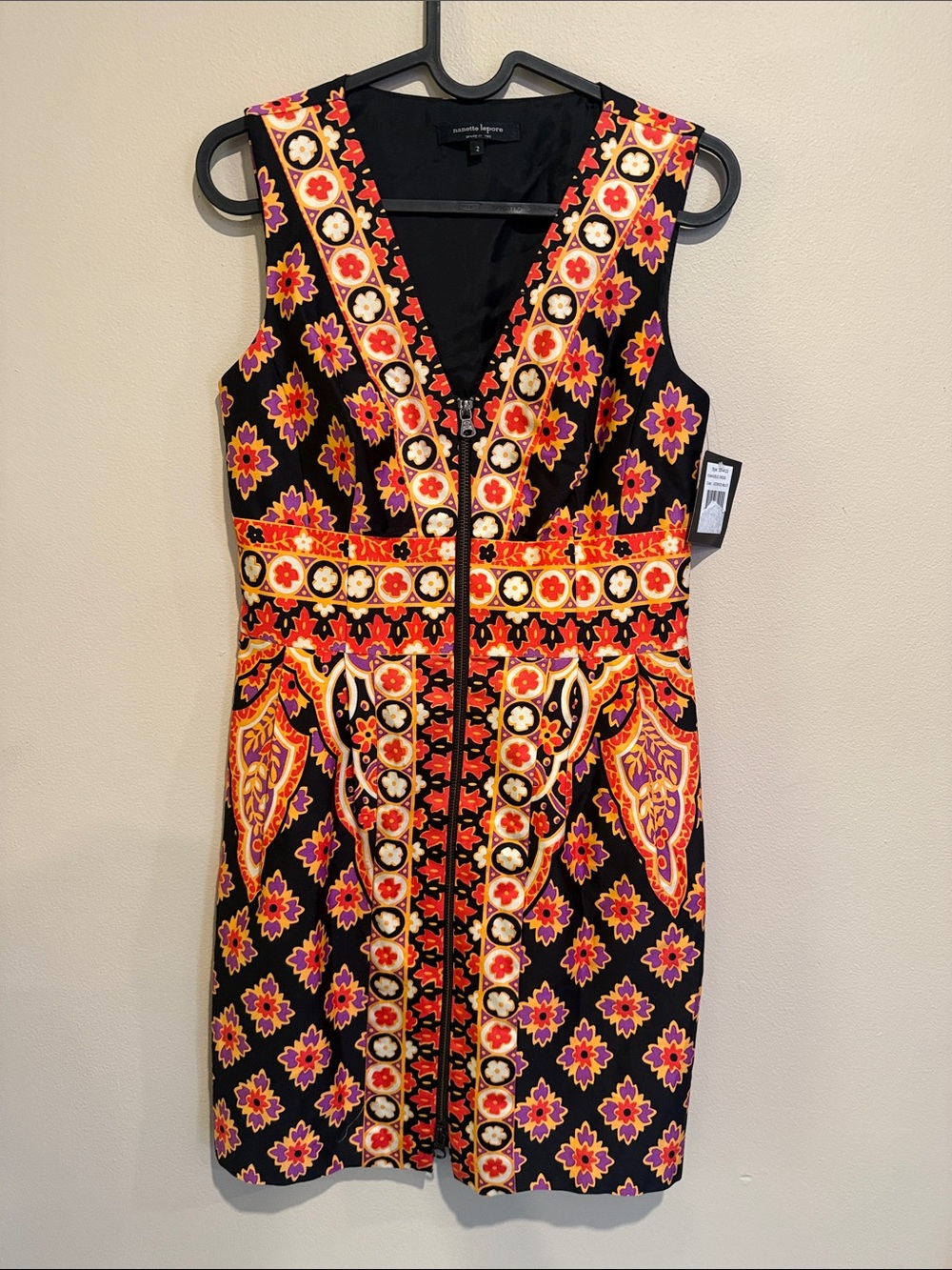 Nanette Lepore Black with Red Orange black & Gold Psychedelic V‑Neck Mini Dress